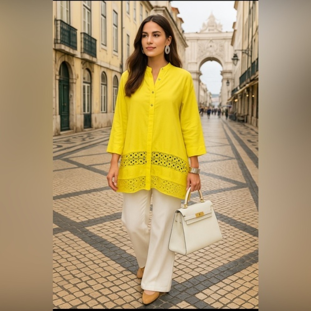 💛Riva Group Yellow Button-Up Blouse w/Lace Hem 💛